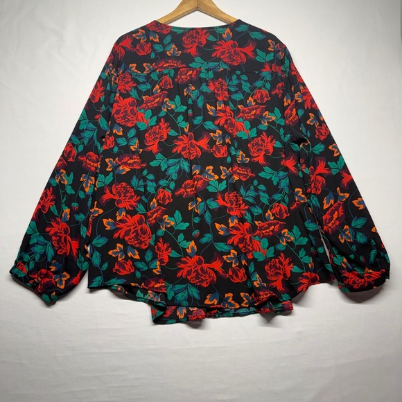 Torrid Floral Blouse Size 3 Boho Peasant Top Sheer Tie Neck Black - Picture 6 of 12